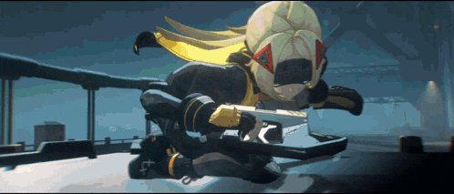 a cartoon character is holding a gun and wearing a mask