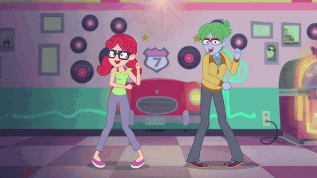 a couple of cartoon characters dancing in front of a sign that says route 7