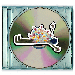 a cd case with a sticker of a person with a fork and pills on it