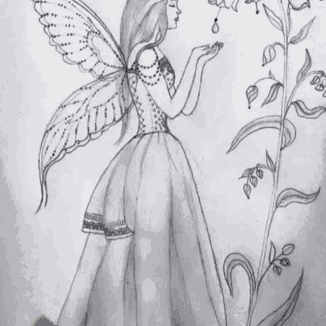 a black and white pencil drawing of a fairy in a dress with wings .