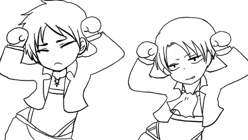 a black and white drawing of two anime characters , eren and levi , standing next to each other .