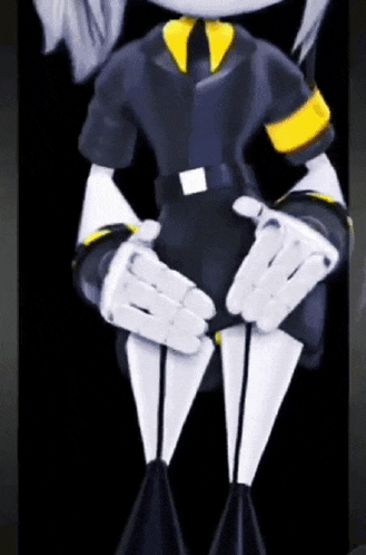 a cartoon character in a black and yellow uniform is standing in a dark room .