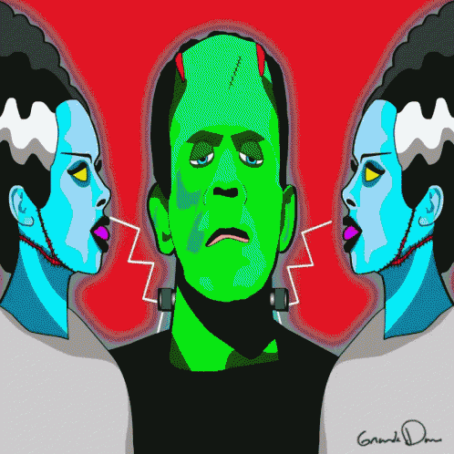 a cartoon drawing of frankenstein and a bride with the name grand on the bottom