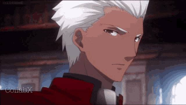 a close up of a man with white hair and a red jacket with the word collabx on the bottom