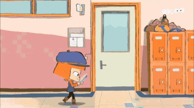 a cartoon character is looking at a tablet in front of a door with the number 1212 on it