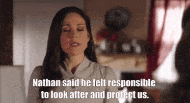 a woman with her eyes closed and a caption that says " nathan said he felt responsible to look after and protect us "