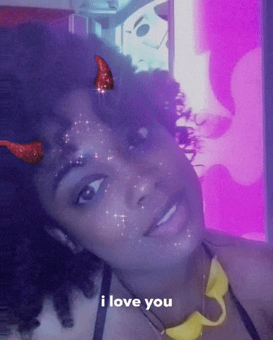 a woman with devil horns on her forehead and the words i love you below her