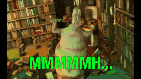a cartoon of a monster in a library with the words " mmmmmh " in green