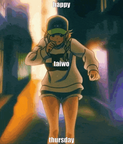 a girl in a taiwo shirt is running down a street