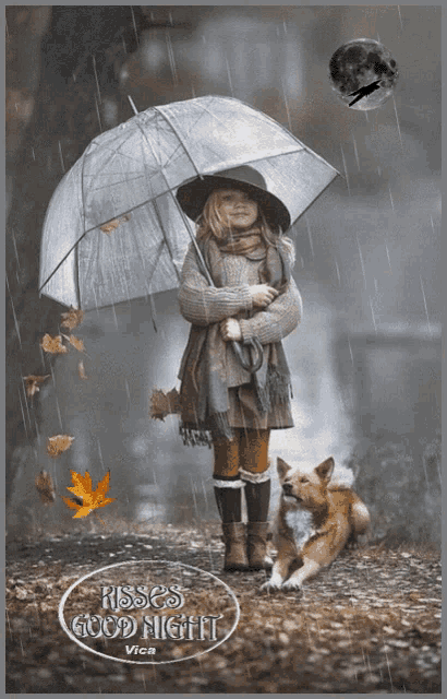 a girl holding an umbrella and a dog in the rain with the words kisses good night on the bottom