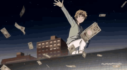 a man is sitting on a ledge with money falling around him and funimation written on the bottom