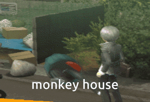a video game character is standing in front of a pile of boxes and a monkey house sign