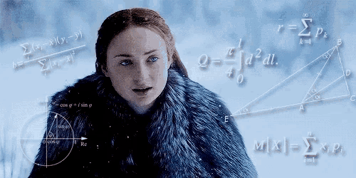 a woman in a fur coat is surrounded by mathematical equations and formulas