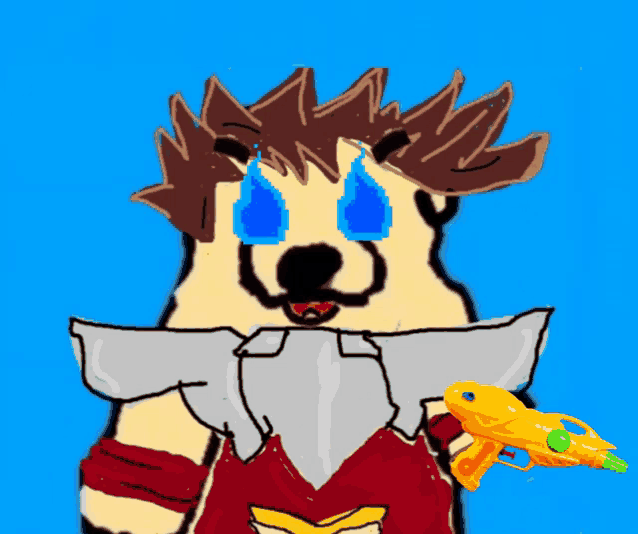 a drawing of a dog holding a water gun