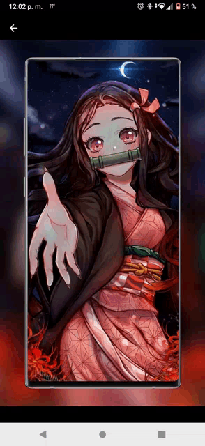 a phone screen shows a picture of a girl with a kimono on