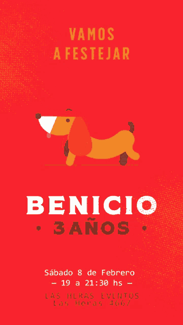 a red poster with a dachshund on it that says " benicio 3 anos "