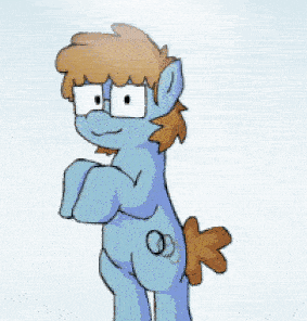 a cartoon drawing of a blue pony with glasses and brown hair