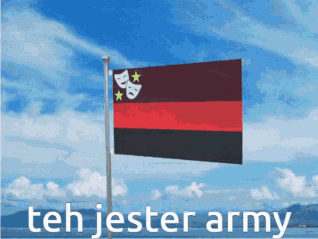 a red black and white flag with the words teh jester army