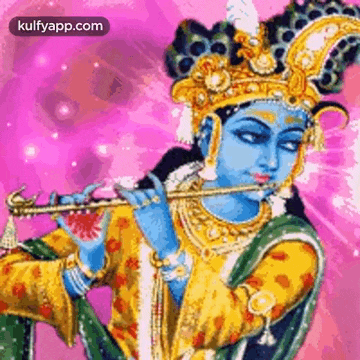 a painting of a woman playing a flute on a pink background .