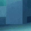 a cartoon fox with green ears is running in a dark room .