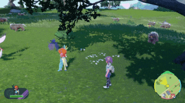 a screenshot of a video game shows a girl and a boy standing in a field