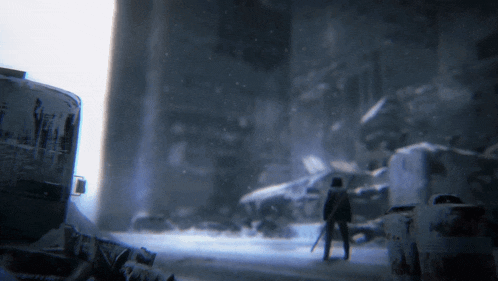 a man with a sword stands in a snowy area