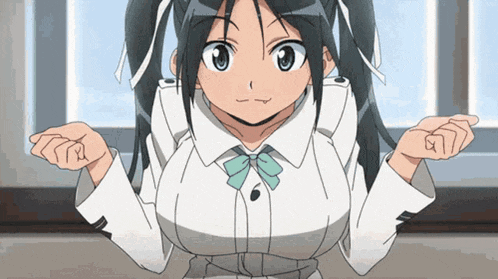 a girl in a white shirt with a blue bow on it