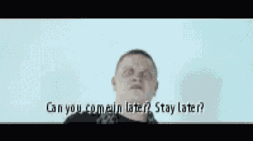 a man with a green bracelet on his wrist is pointing up with the words can you come in later stay later