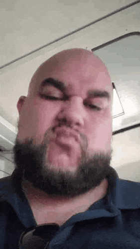 a bald man with a beard is making a funny face with his eyes closed .