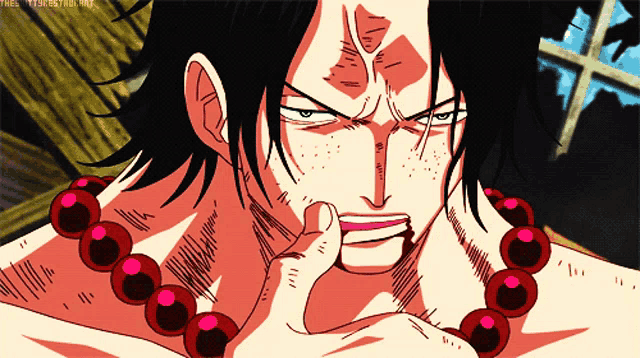 a drawing of a man with red beads around his neck has the word " fire " on the bottom