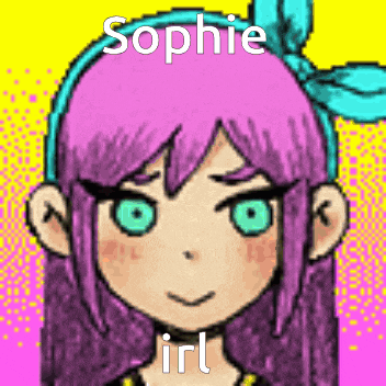 a pixel art drawing of a girl with purple hair and green eyes named sophie .