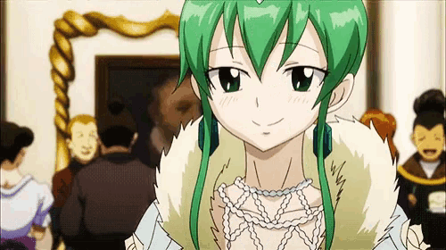 a girl with green hair is wearing a fur coat and pearl necklace