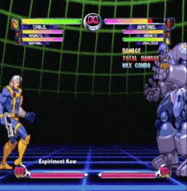 a video game screen shows experiment kow fighting sentinel and cable