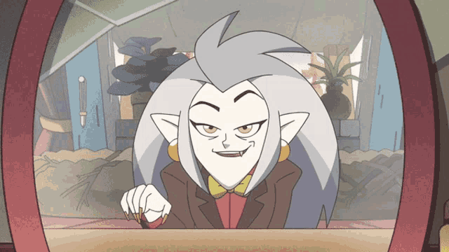 a cartoon drawing of a woman with long white hair and fangs