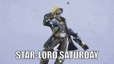 a poster of a man holding a gun with the words star-lord saturday below him