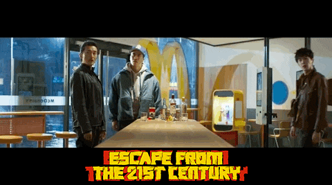 a poster for escape from the 21st century with three men standing around a table