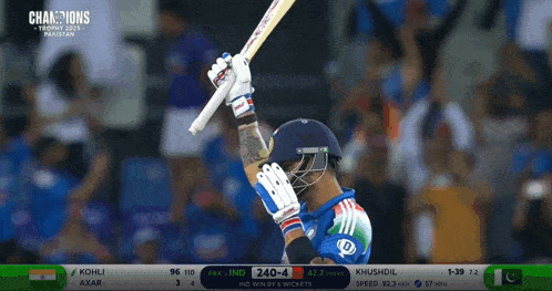 a cricket player holds a bat in front of a screen that says champions on it