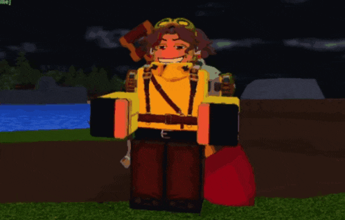 a cartoon character in a yellow shirt and brown pants is holding a red bag