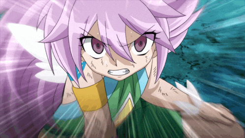 a cartoon character with purple hair and red eyes is looking at the camera