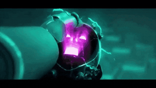 a purple light is coming out of a robot 's head .
