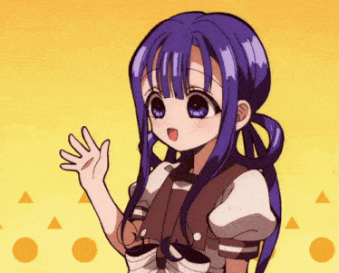 a girl with blue hair is waving at the camera
