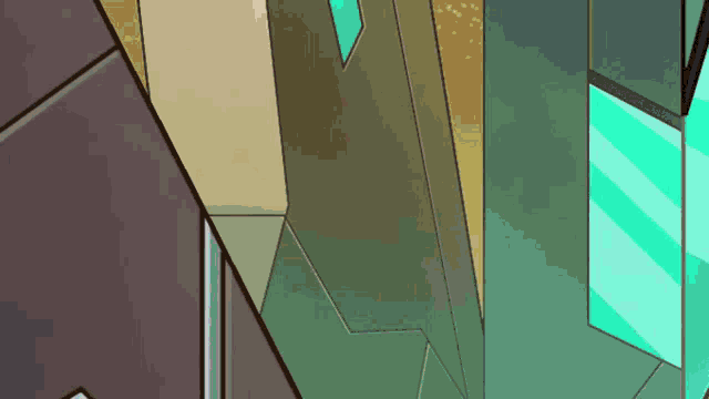 a cartoon drawing of a building with a green glass window .