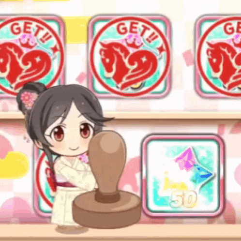 a girl in a kimono is holding a stamp in front of a shelf with stickers that say get .