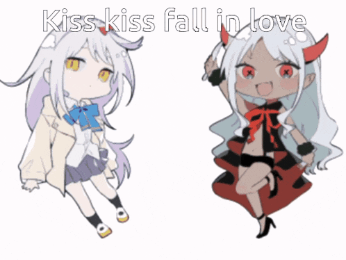 a drawing of a girl with the words kiss kiss fall in love on the bottom