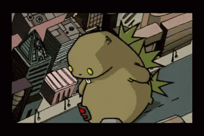 a cartoon drawing of a monster with a green leaf on its back