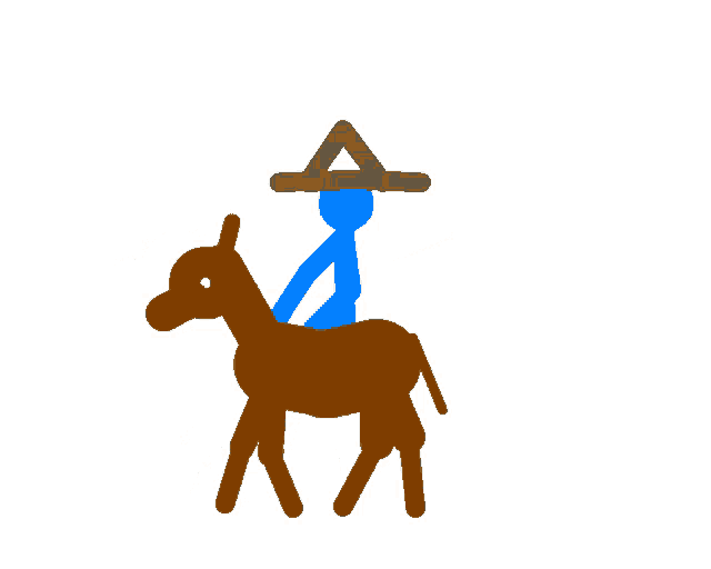 a stick figure wearing a hat is riding on the back of a brown horse
