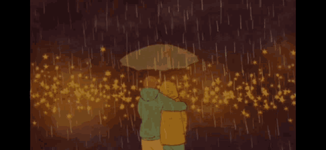 a couple standing under an umbrella in the rain with stars coming out of the sky .