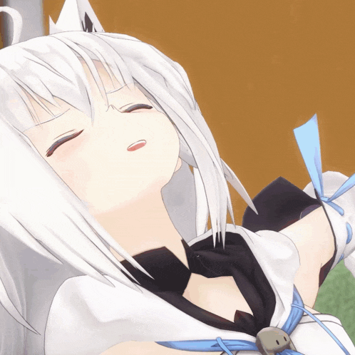 a close up of a white anime character with a blue bow around her neck