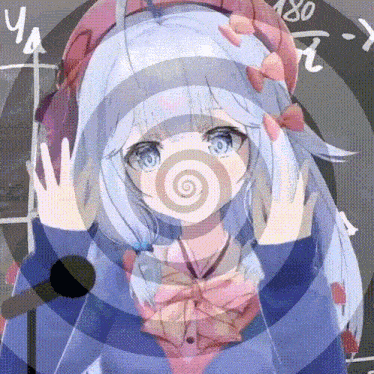 a girl with long white hair and blue eyes is wearing headphones and a pink bow tie .