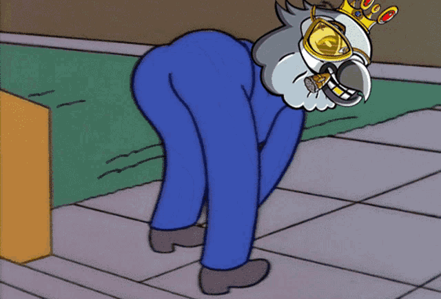 a cartoon character with a crown on his head is bending over